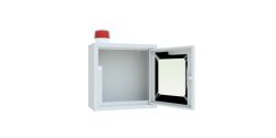 H�ngeschrank f�r Defibrillatoren mit zweifacher Alarmfunktion